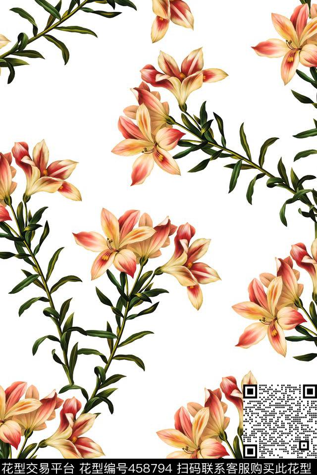 复古精细手绘花层次感数码印花花型下载（图片编号: 458794） - 瓦栏（Walan）