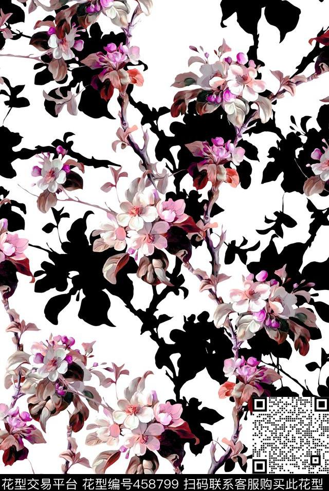 中国风水墨桃花水彩桃花数码印花花型下载（图片编号: 458799） - 瓦栏（Walan）