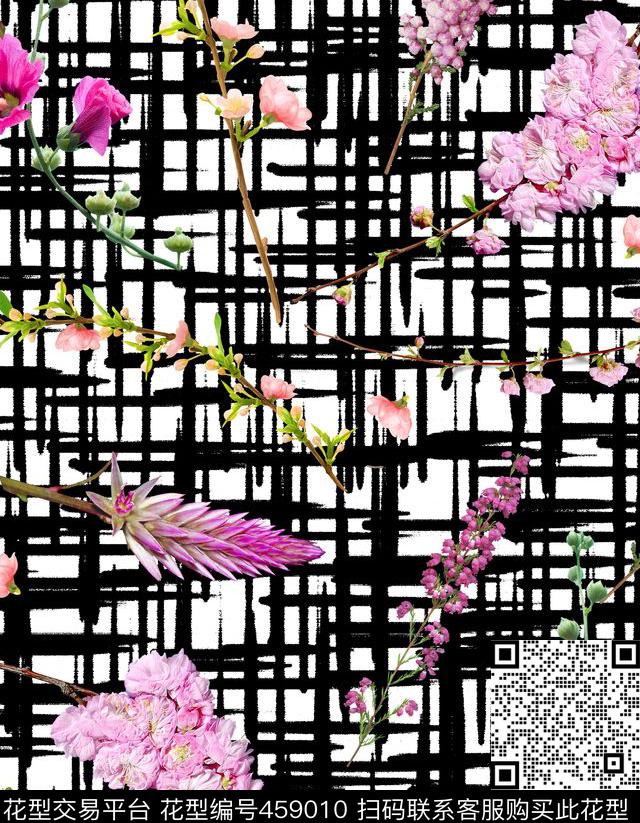 笔触花卉简单数码印花花型下载（图片编号: 459010） - 瓦栏（Walan）