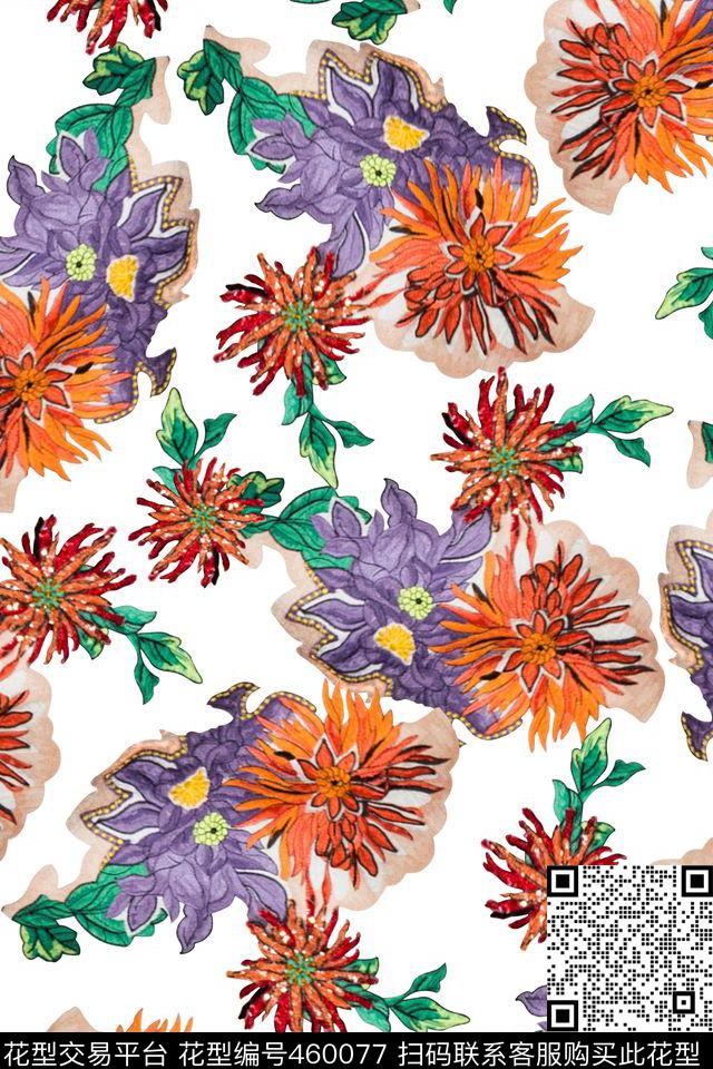花卉散花纯色底散花数码印花花型下载（图片编号: 460077） - 瓦栏（Walan）