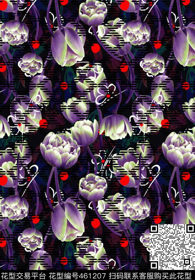神秘迷幻浪漫郁金香几何条格条纹波点圆点手绘叠加数码印花花型下载（图片编号: 461207） - 瓦栏（Walan）