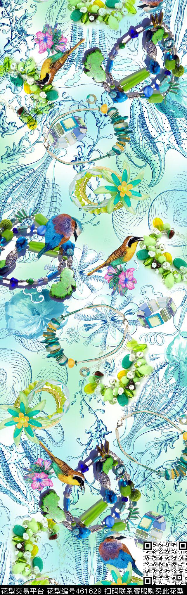 海洋的鱼 - 461629 - 海螺贝壳 项链首饰 蓝绿清新色调 - 数码印花花型 － 长巾花型设计 － 瓦栏