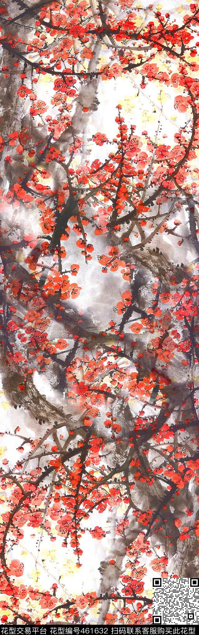 红梅花 - 461632 - 中国风 梅花 红色灰色 - 数码印花花型 － 长巾花型设计 － 瓦栏