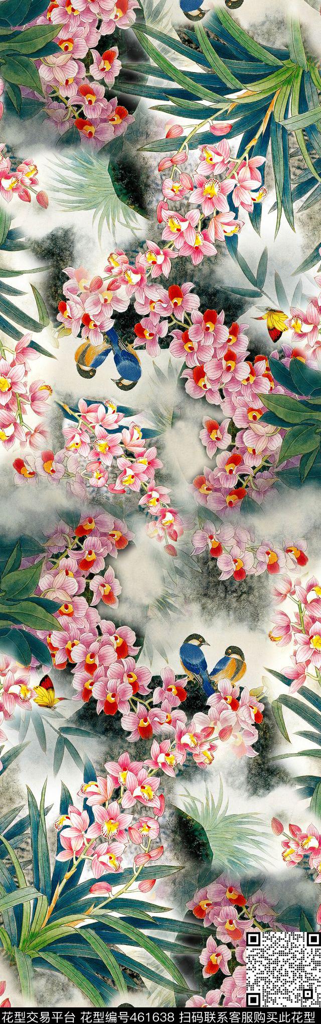 鸟语花香 - 461638 - 中国风 兰花鸟 绿色调 - 数码印花花型 － 长巾花型设计 － 瓦栏