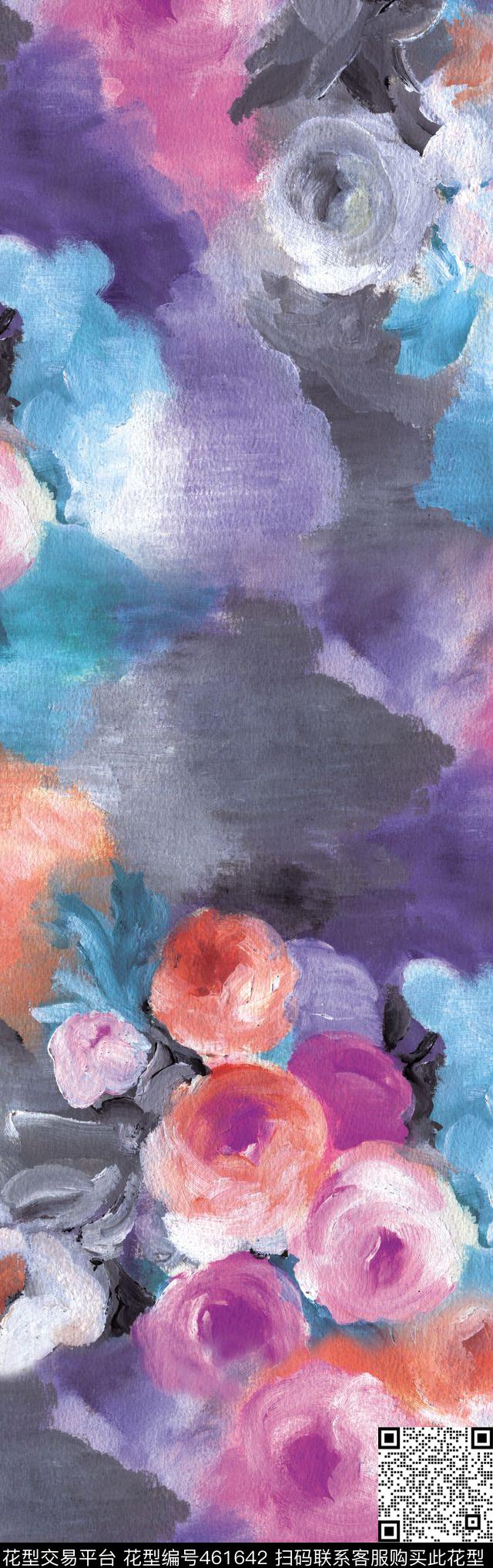 溪流的花朵 - 461642 - 田园 抽象花卉 蓝灰色调 - 数码印花花型 － 长巾花型设计 － 瓦栏