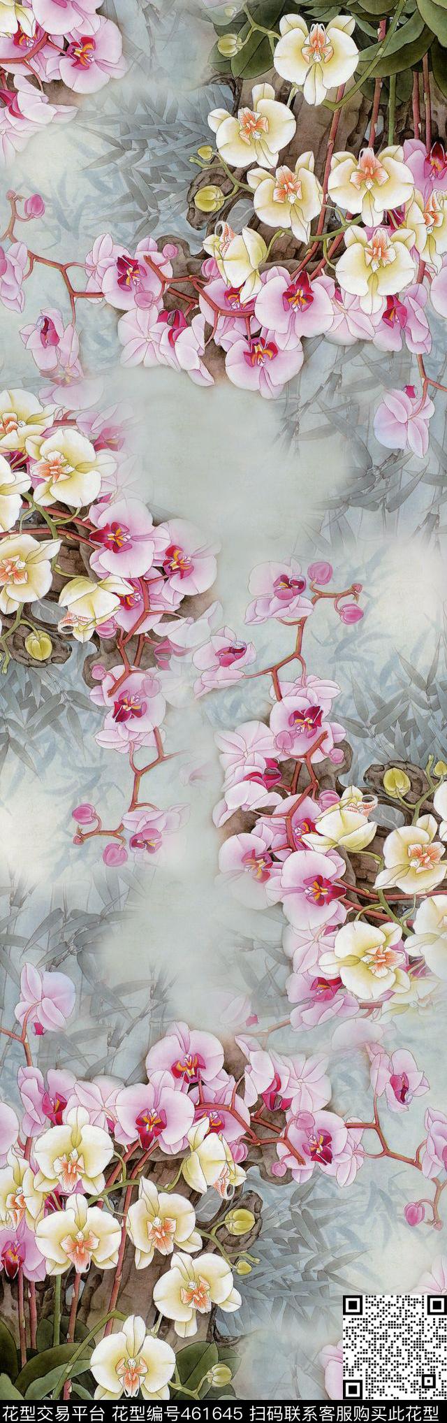 仙花 - 461645 - 田园 花卉 粉色灰色 - 数码印花花型 － 长巾花型设计 － 瓦栏