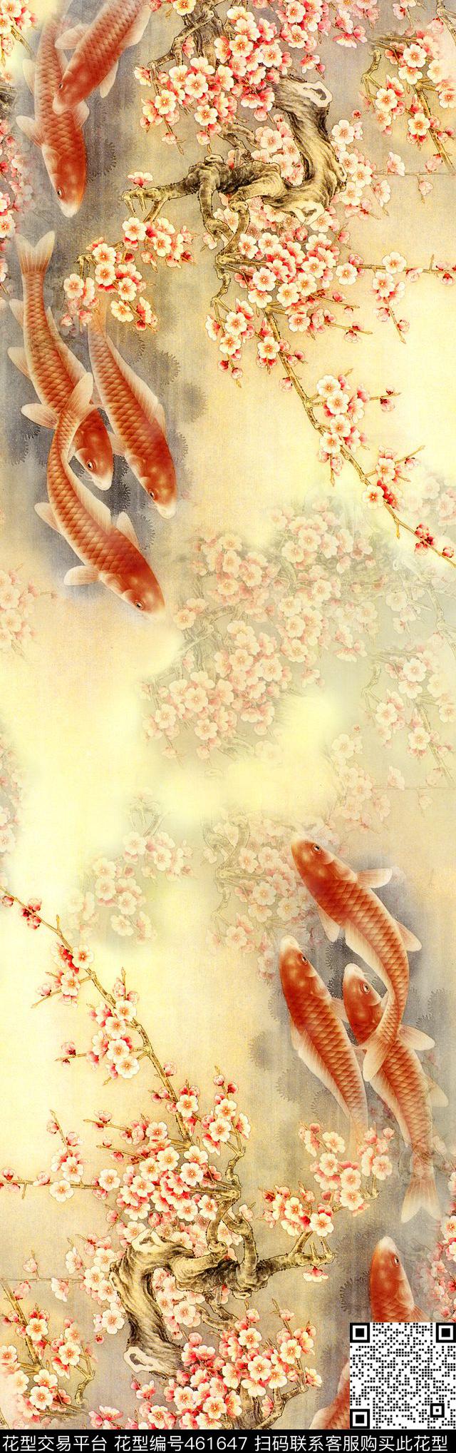 鱼和梅 - 461647 - 中国风 鱼 梅花 - 数码印花花型 － 长巾花型设计 － 瓦栏