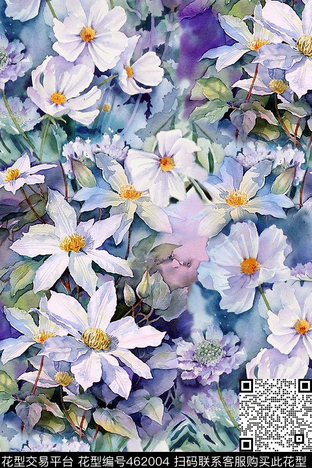 水墨花乱花丛花卉数码印花花型下载（图片编号: 462004） - 瓦栏（Walan）