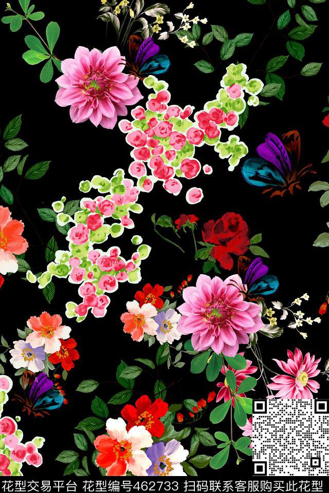 蝴蝶花卉绿叶数码印花花型下载（图片编号: 462733） - 瓦栏（Walan）
