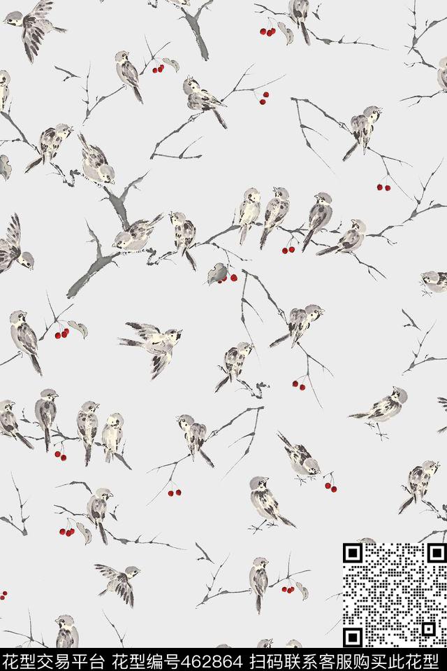 传统印花雀鸟树枝动物纹传统印花花型下载（图片编号: 462864） - 瓦栏（Walan）