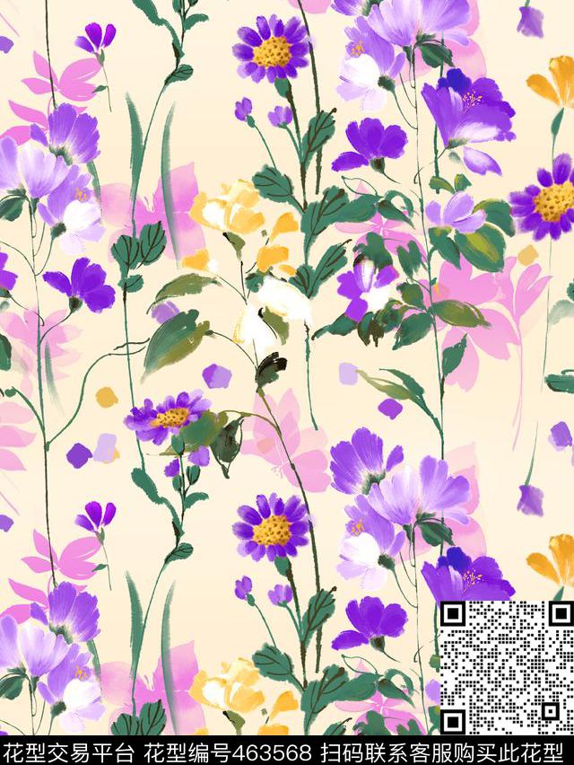 紫色手绘小碎花 - 463568 - 紫色 小碎花 手绘 - 数码印花花型 － 女装花型设计 － 瓦栏