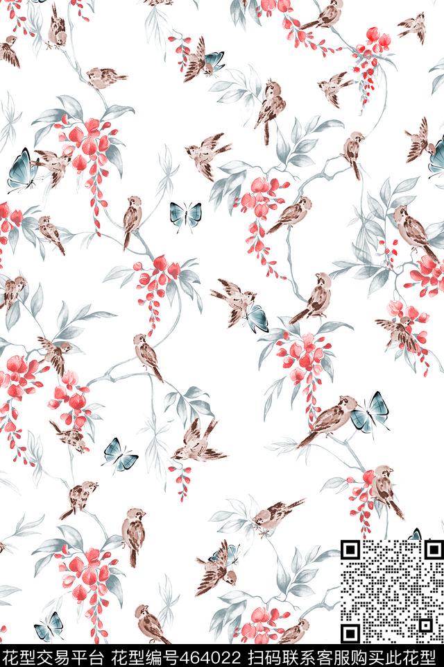 蝴蝶花卉水墨鸟数码印花花型下载（图片编号: 464022） - 瓦栏（Walan）