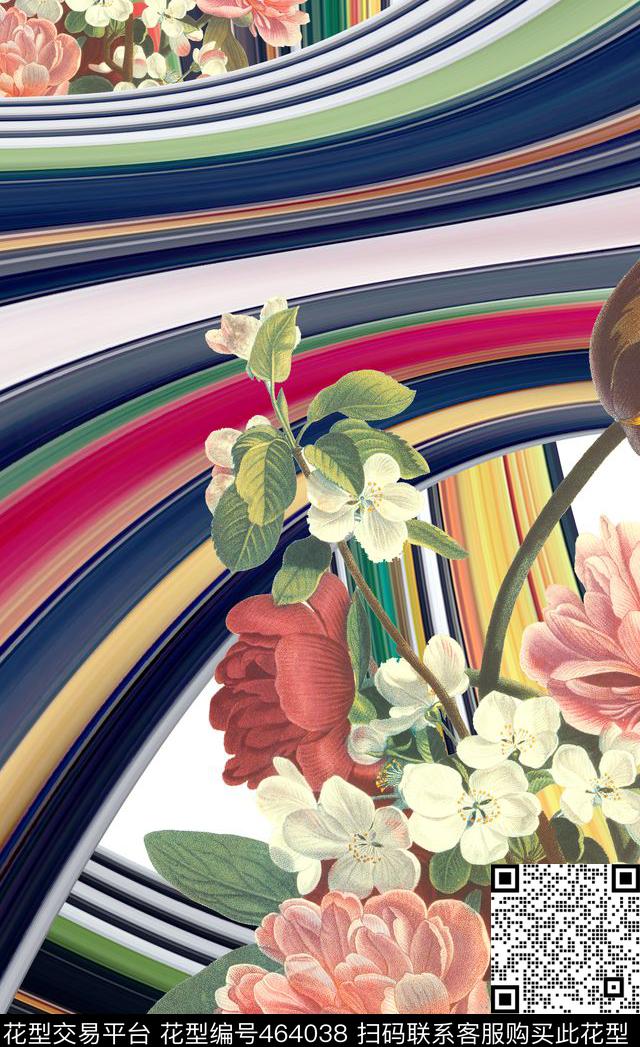 	时尚大牌定位流动彩条纹复古手绘花组合数码印花 - 464038 - 定位 复古手绘 花卉 - 数码印花花型 － 女装花型设计 － 瓦栏