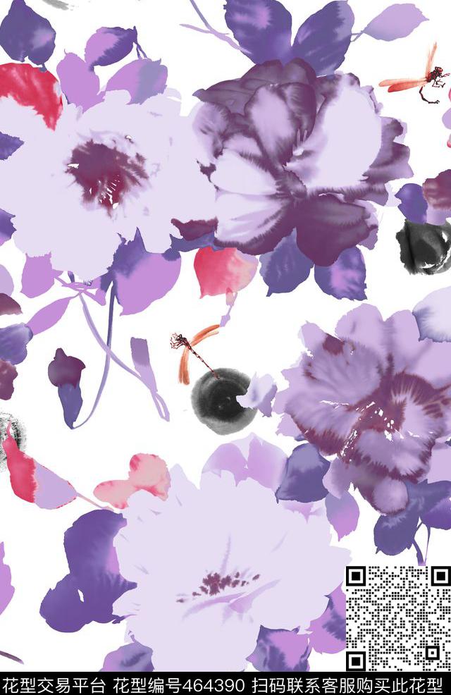 花卉蜻蜓水墨数码印花花型下载（图片编号: 464390） - 瓦栏（Walan）