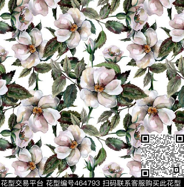 白色水彩花卉 - 464793 - 服装图案 花卉图案 数码印花 - 数码印花花型 － 女装花型设计 － 瓦栏