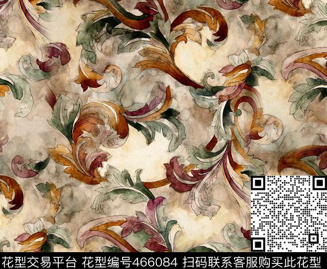 欧式卷草花纹 - 466084 - 欧式风格 卷草图案 家纺图案 - 传统印花花型 － 床品花型设计 － 瓦栏