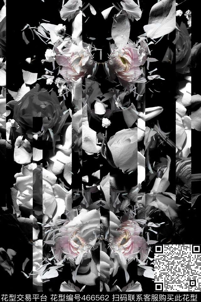 黑白花卉镜面数码印花花型下载（图片编号: 466562） - 瓦栏（Walan）
