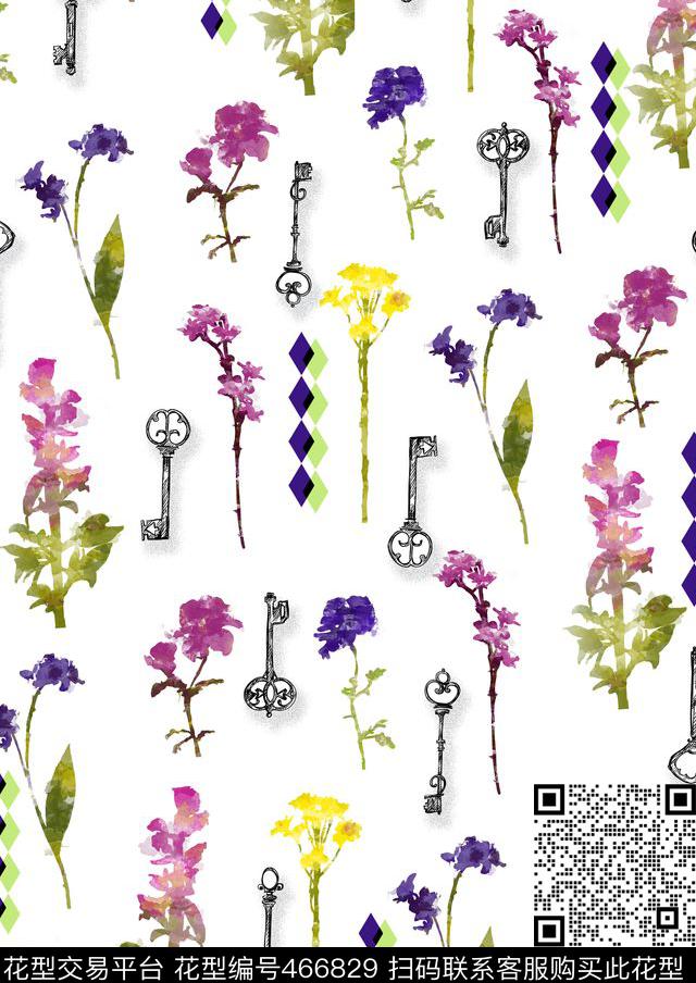 花卉几何水彩数码印花花型下载（图片编号: 466829） - 瓦栏（Walan）