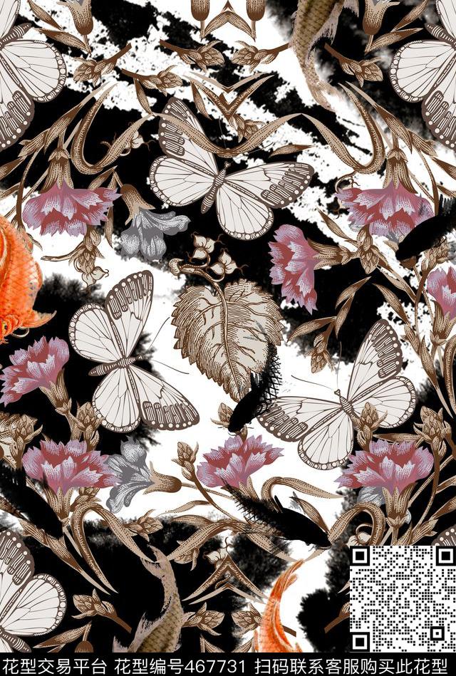 笔触蝴蝶水墨数码印花花型下载（图片编号: 467731） - 瓦栏（Walan）