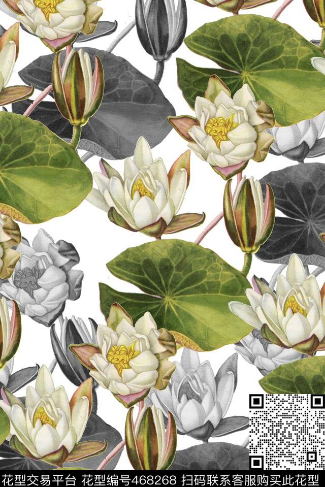 手绘荷花水墨水彩数码印花花型下载（图片编号: 468268） - 瓦栏（Walan）