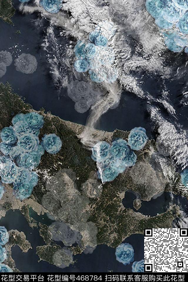 抽象地图上飄朵的玫瑰花 - 468784 - 植物玫瑰 地图 抽象 - 数码印花花型 － 女装花型设计 － 瓦栏