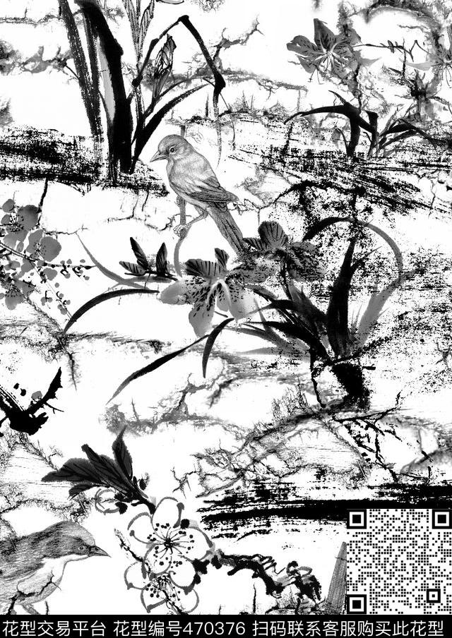 中国风水墨花卉数码印花花型下载（图片编号: 470376） - 瓦栏（Walan）