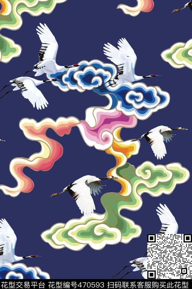 中国风祥云仙鹤数码印花花型下载（图片编号: 470593） - 瓦栏（Walan）