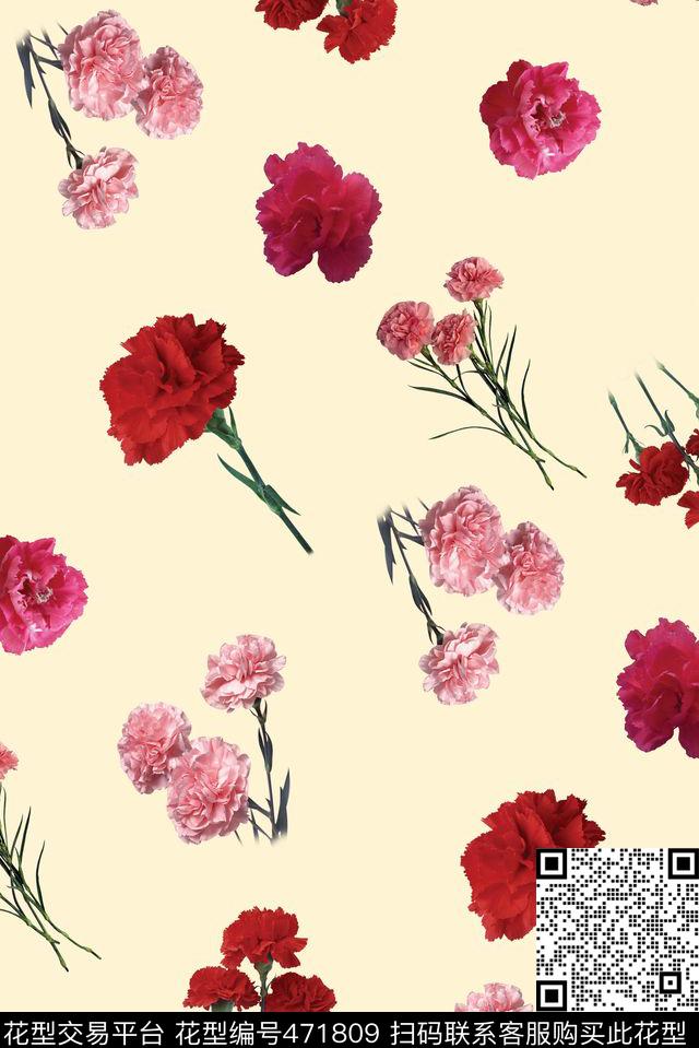 时尚康乃馨复古数码印花花型下载（图片编号: 471809） - 瓦栏（Walan）