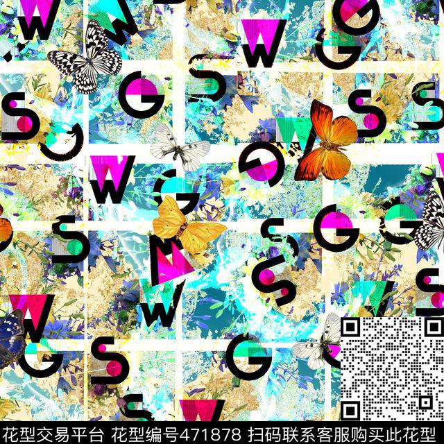 时尚字母蝴蝶数码印花花型下载（图片编号: 471878） - 瓦栏（Walan）