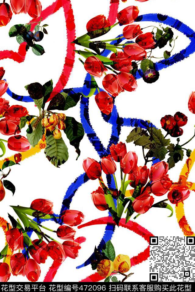 热带植物郁金香热带数码印花花型下载（图片编号: 472096） - 瓦栏（Walan）