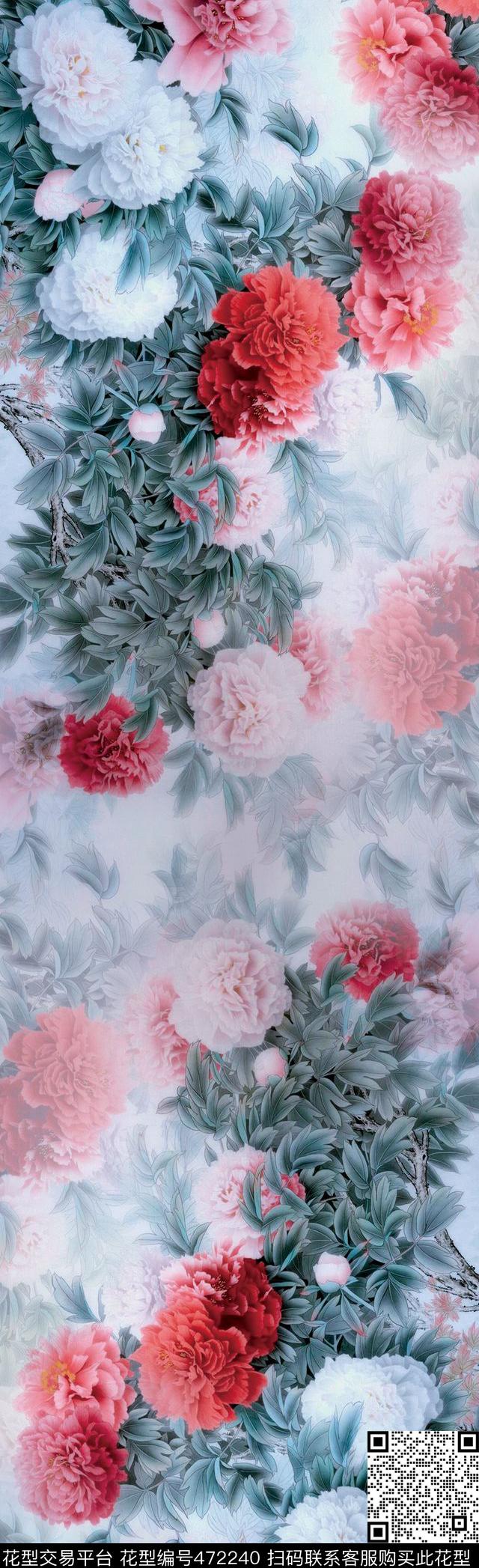 手绘工笔牡丹数码印花花型下载（图片编号: 472240） - 瓦栏（Walan）