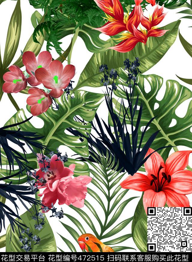 热带植物热带花卉数码印花花型下载（图片编号: 472515） - 瓦栏（Walan）