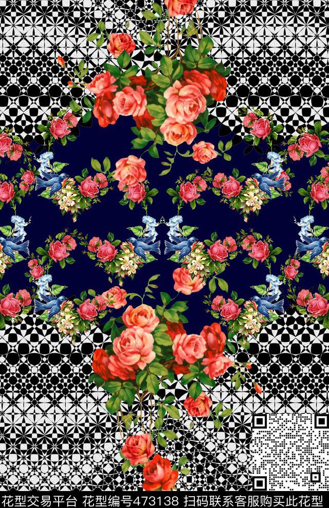 时尚几何花鸟数码印花花型下载（图片编号: 473138） - 瓦栏（Walan）