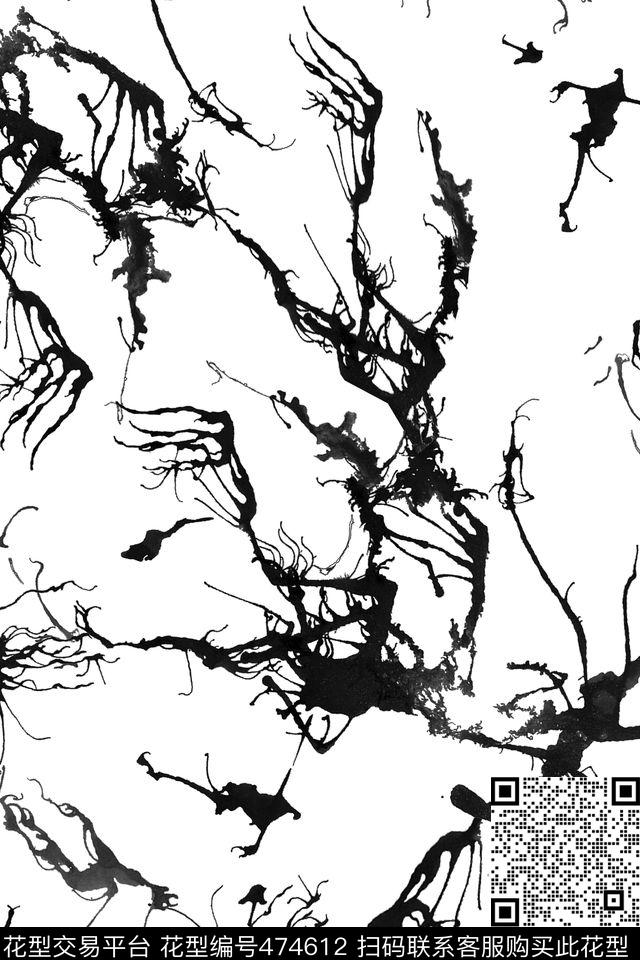 传统印花水墨树枝肌理传统印花花型下载（图片编号: 474612） - 瓦栏（Walan）