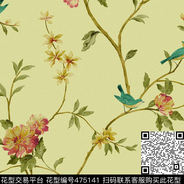 花鸟写意印花 - 475141 - 小清新 花鸟 写意印花 - 传统印花花型 － 床品花型设计 － 瓦栏