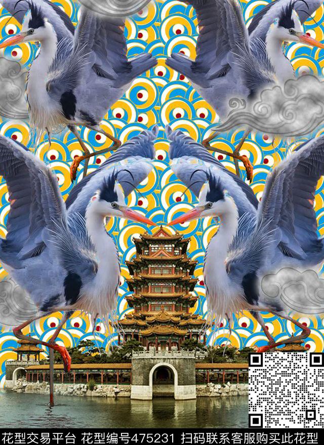 中国风古代建筑仙鹤图 - 475231 - 中国风 建筑 仙鹤动物 - 数码印花花型 － 女装花型设计 － 瓦栏