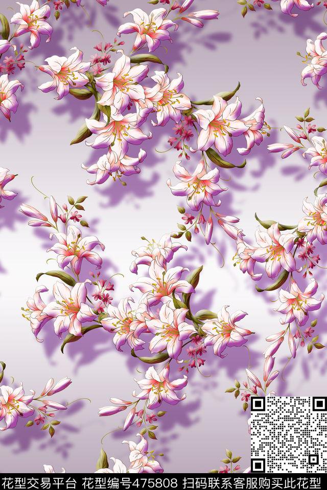 花卉紫色过渡紫色花数码印花花型下载（图片编号: 475808） - 瓦栏（Walan）