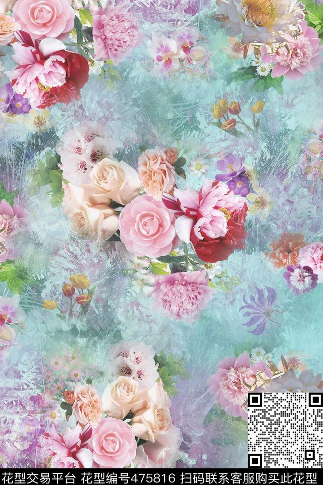花卉水墨蓝底鲜花数码印花花型下载（图片编号: 475816） - 瓦栏（Walan）