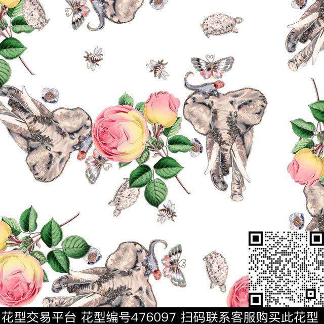 大象蝴蝶花卉数码印花花型下载（图片编号: 476097） - 瓦栏（Walan）
