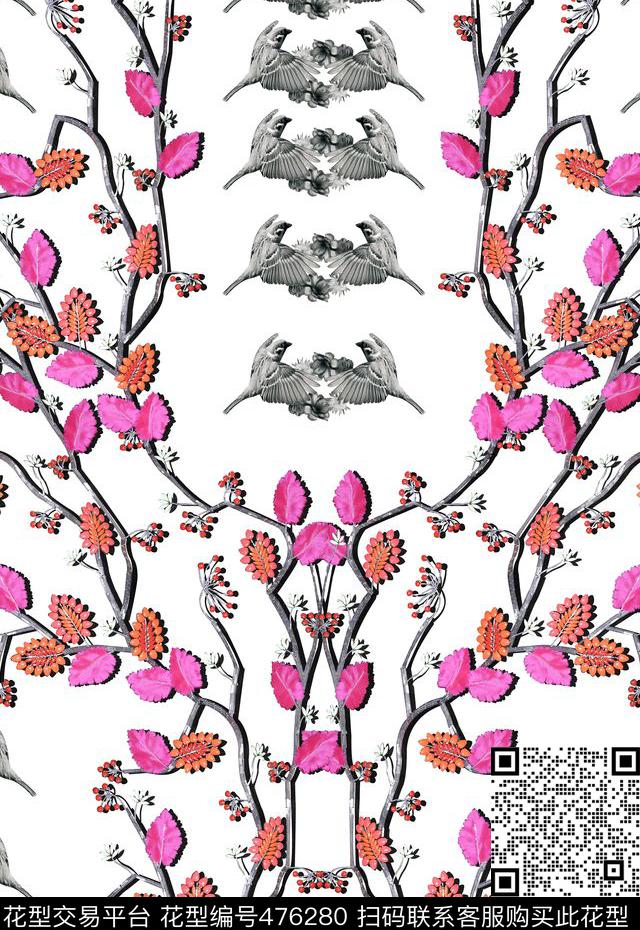 时尚定位树枝鸟类数码印花花型下载（图片编号: 476280） - 瓦栏（Walan）