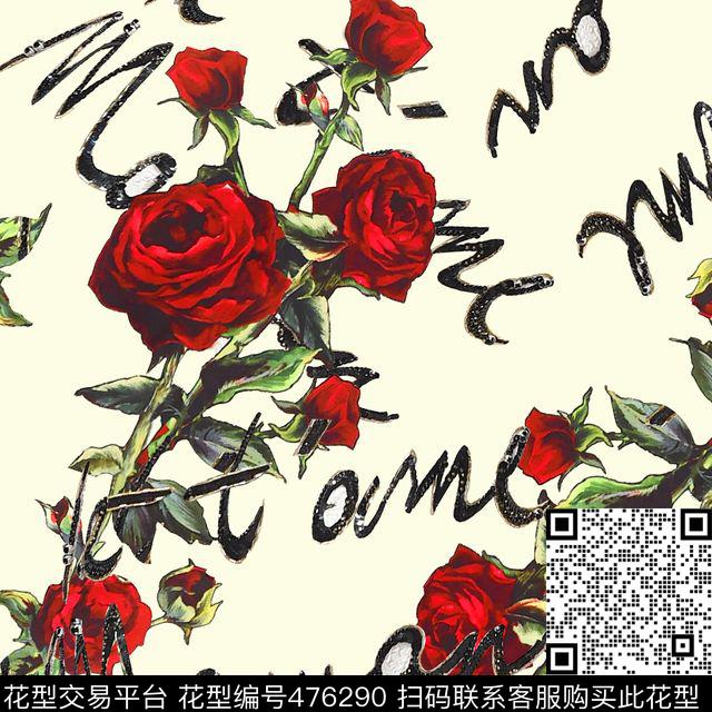 杜嘉班纳玫瑰英文数码印花花型下载（图片编号: 476290） - 瓦栏（Walan）
