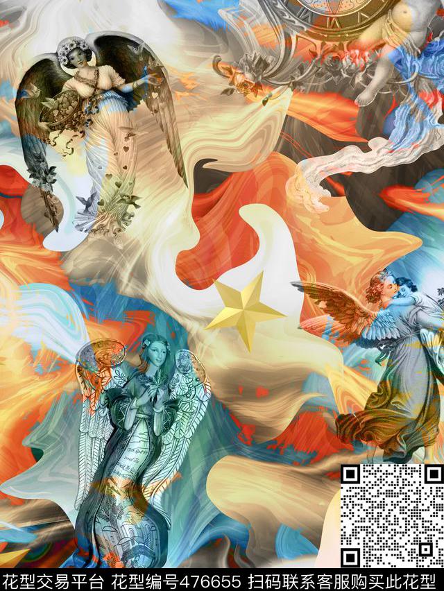 复古欧式天使数码印花花型下载（图片编号: 476655） - 瓦栏（Walan）