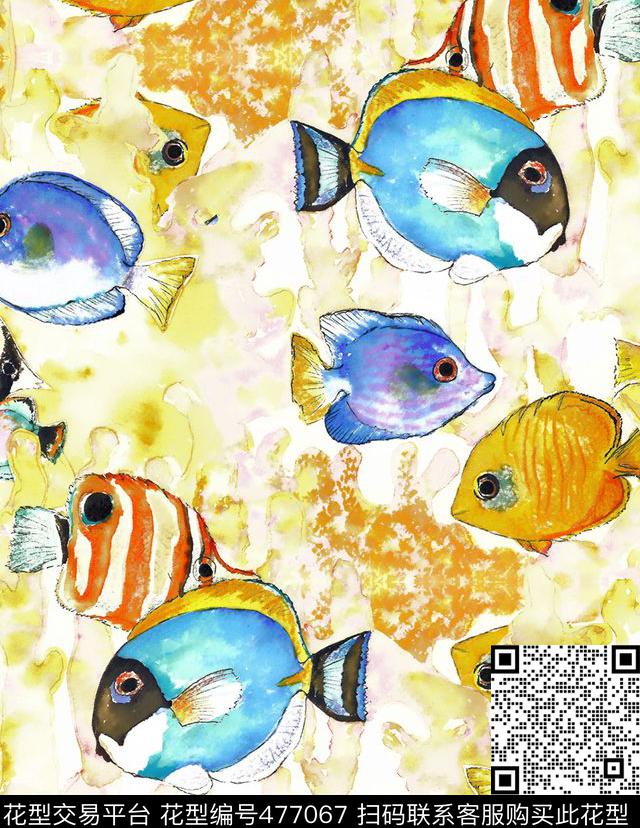 清新手绘鱼数码印花花型下载（图片编号: 477067） - 瓦栏（Walan）