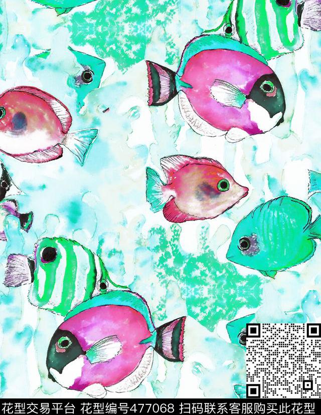 清新手绘鱼数码印花花型下载（图片编号: 477068） - 瓦栏（Walan）