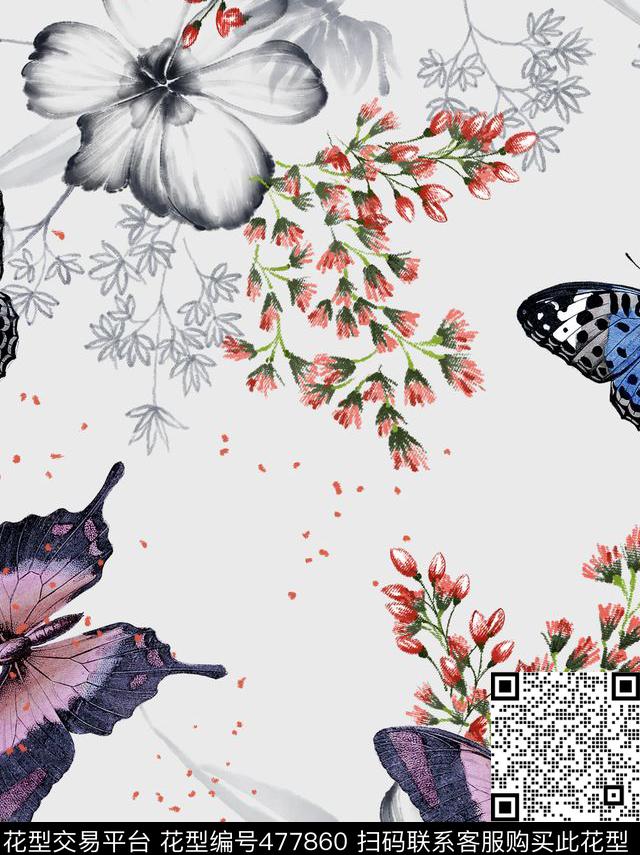 水墨花卉蝴蝶数码印花花型下载（图片编号: 477860） - 瓦栏（Walan）