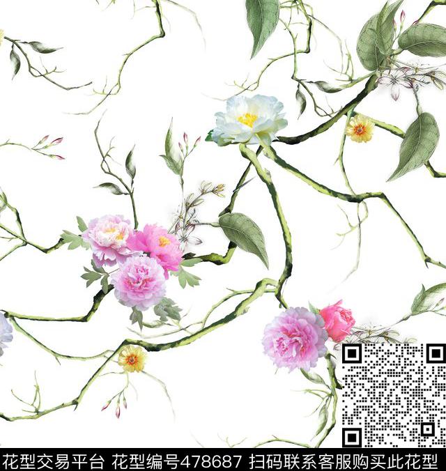 树枝花朵花卉数码印花花型下载（图片编号: 478687） - 瓦栏（Walan）