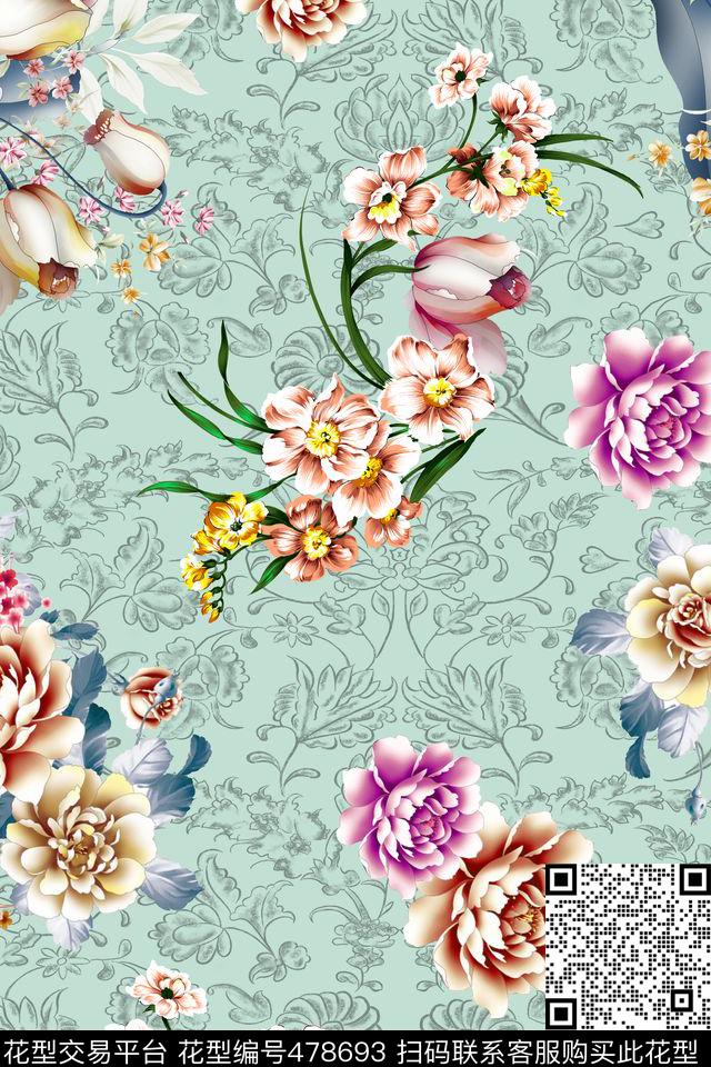 时尚女装花朵底纹花朵数码印花花型下载（图片编号: 478693） - 瓦栏（Walan）