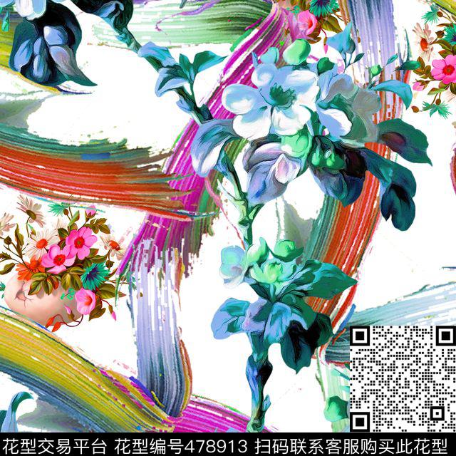 美丽毛笔花卉数码印花花型下载（图片编号: 478913） - 瓦栏（Walan）