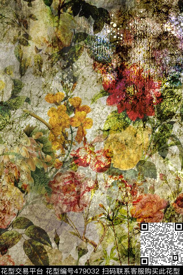 复古花卉肌理秋冬装数码印花花型下载（图片编号: 479032） - 瓦栏（Walan）