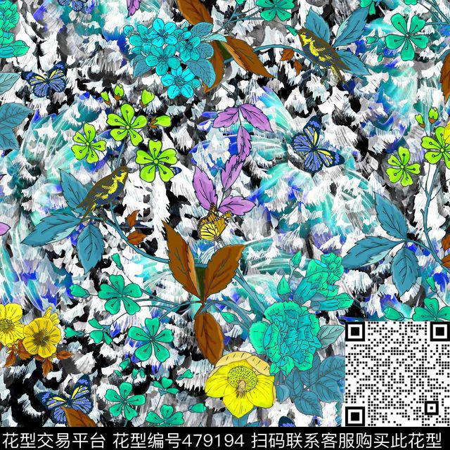 蝴蝶小鸟豹纹数码印花花型下载（图片编号: 479194） - 瓦栏（Walan）